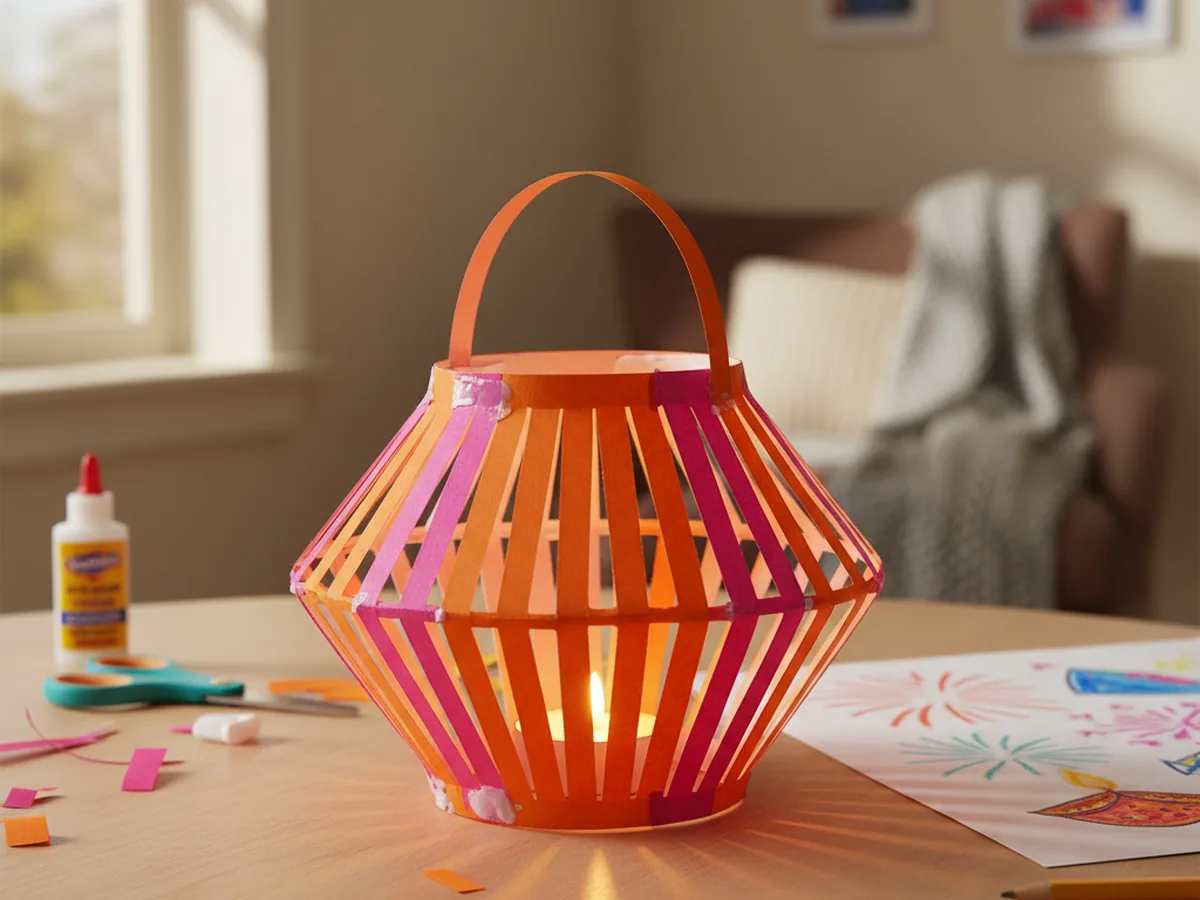A handmade Diwali paper lantern made from bright orange and pink paper with cut-out slits, displayed on a wooden table with warm lighting