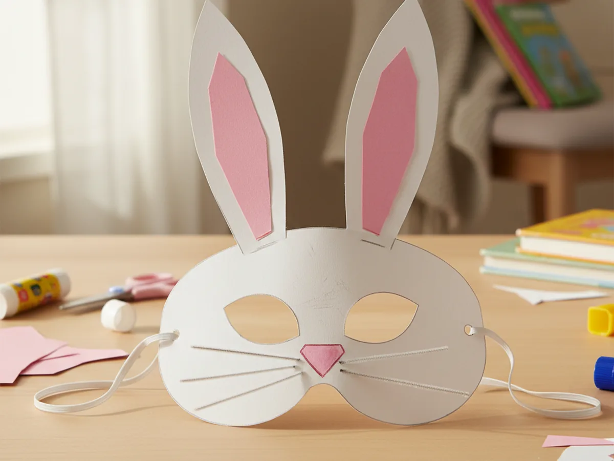 A handmade white paper Easter bunny mask with tall paper ears, a pink triangle nose, and pipe-cleaner whiskers laid flat on a craft table