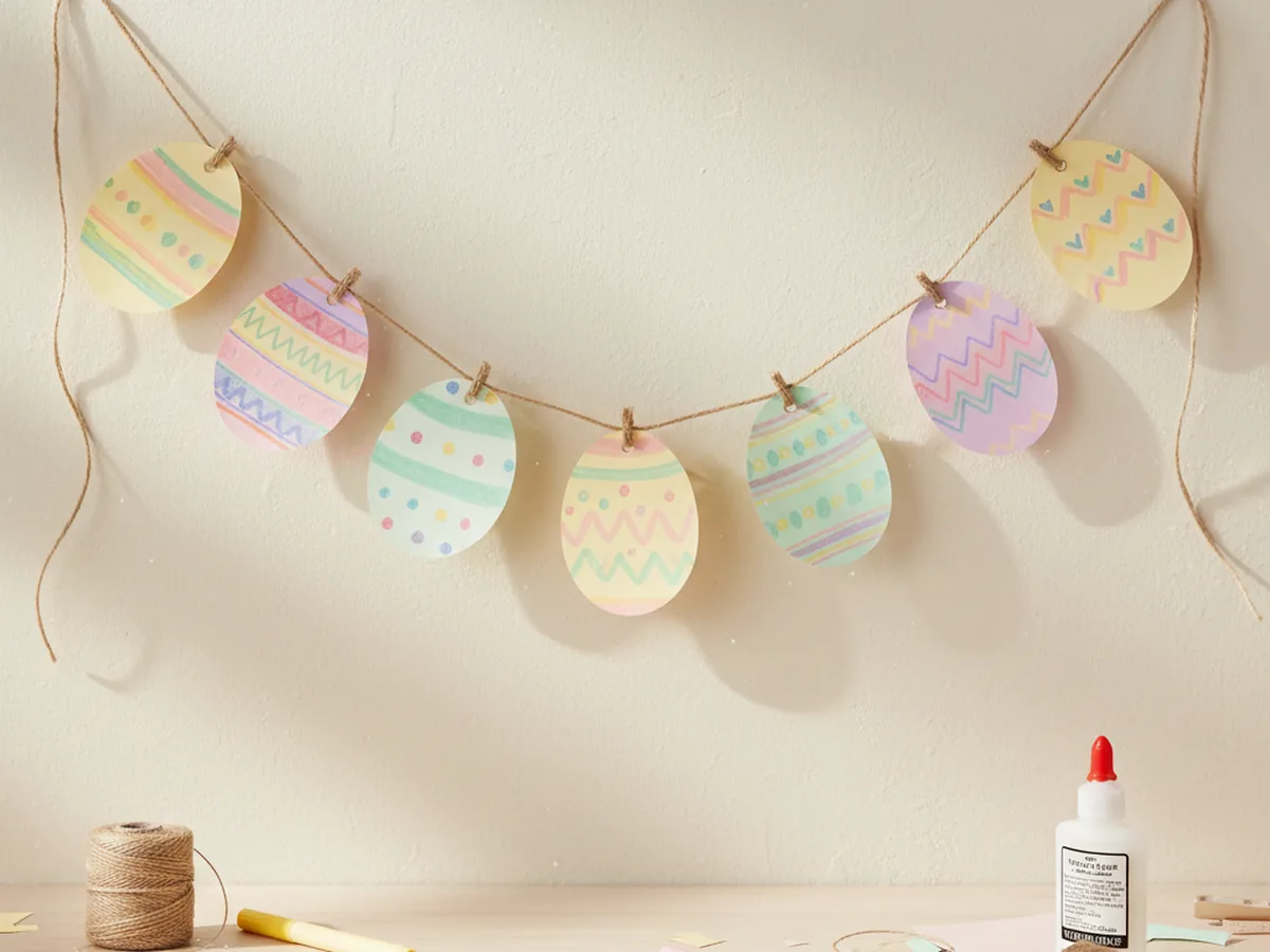 A handmade Easter egg paper chain garland with pastel paper eggs decorated in stripes, dots, and zigzag patterns hanging on twine across a wall