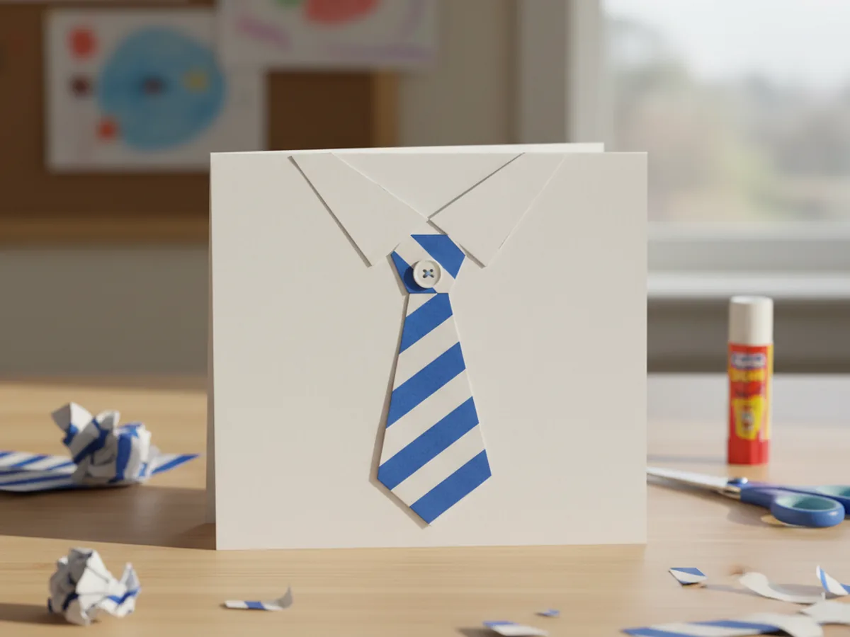 A handmade Father's Day card shaped like a dress shirt with a paper collar and a striped paper necktie glued in the middle