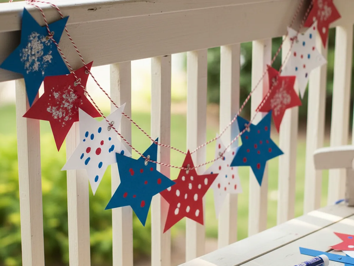 A handmade Fourth of July paper star banner with red, white, and blue paper stars strung on twine across a wooden porch railing