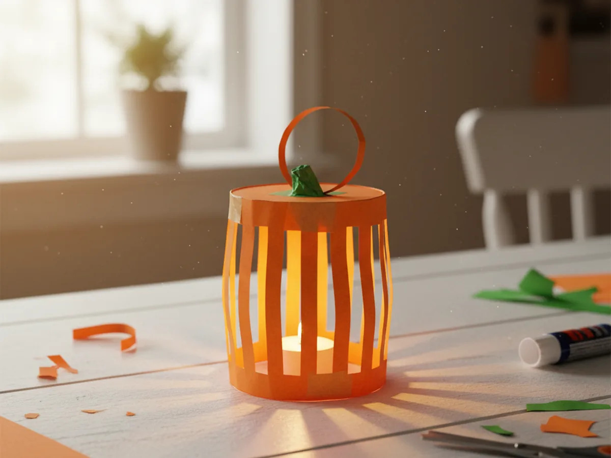 A handmade Halloween paper pumpkin lantern made from orange paper with vertical cutout slits glowing softly with a tea light inside