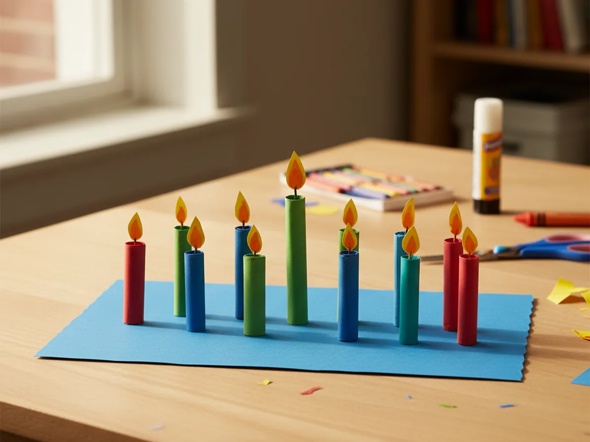 A handmade Hanukkah paper menorah with nine tall paper candles on a blue cardstock base, each topped with a yellow paper flame