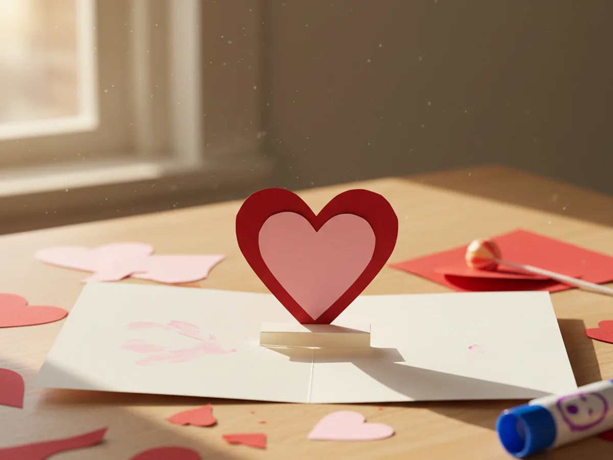 A handmade Valentine's pop-up card opened to reveal a layered red and pink paper heart standing up from the inside fold