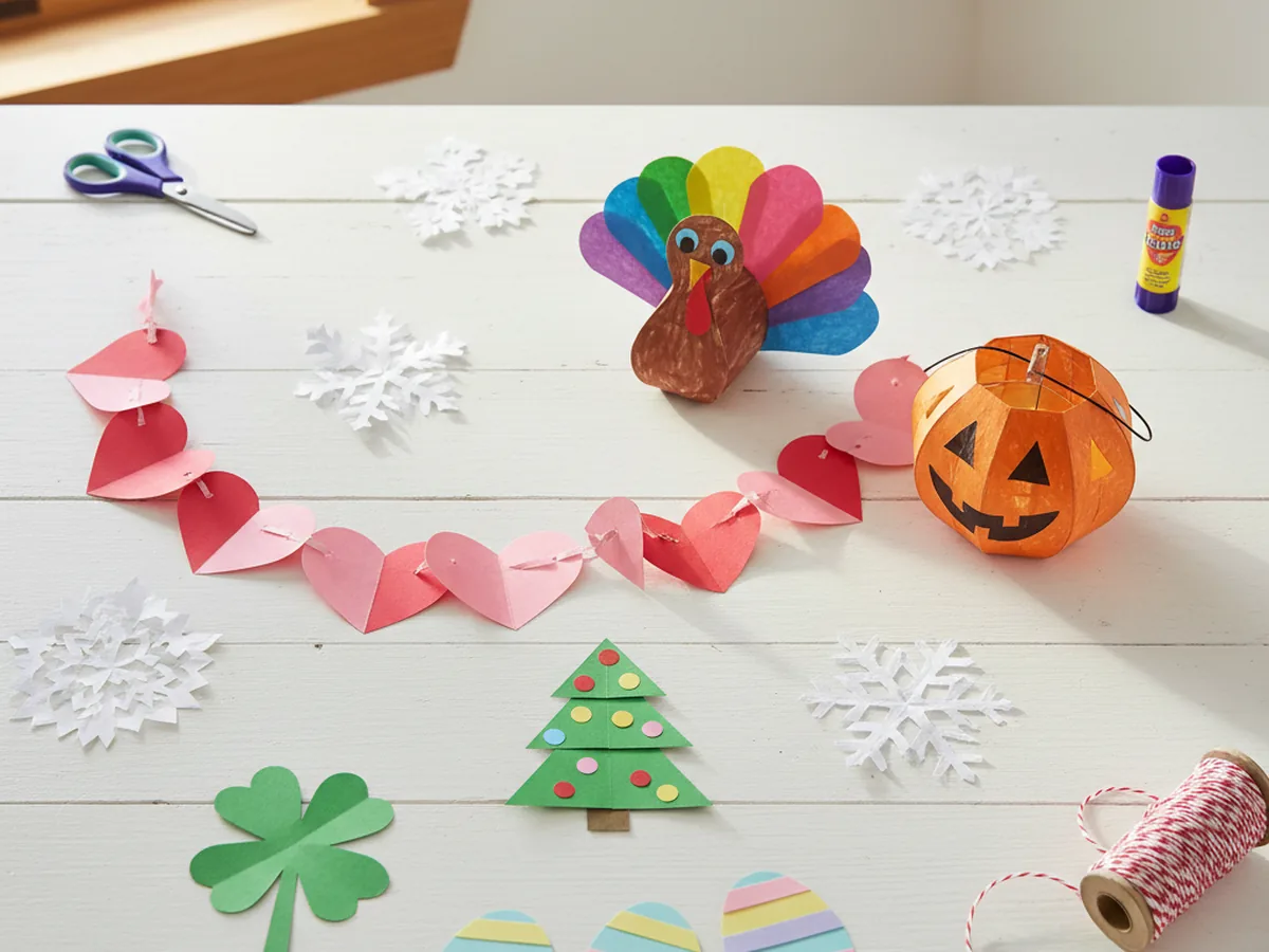 A festive flat lay of handmade holiday craft paper projects including a heart garland, paper pumpkin lantern, paper turkey, paper snowflakes, paper Christmas tree, shamrock wreath, and Easter egg garland on a craft table
