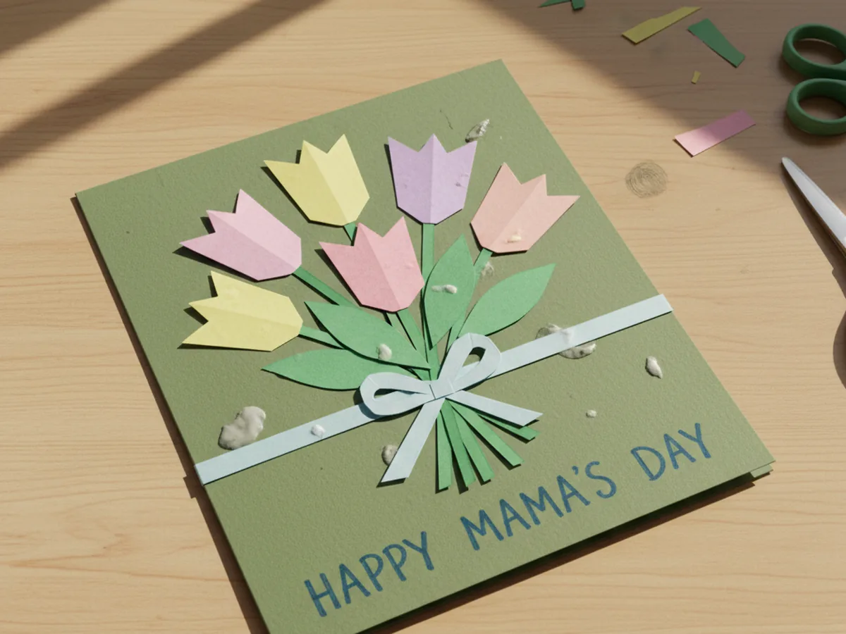 A handmade Mother's Day card with paper tulip bouquet of pink, yellow, and purple flowers tied with a paper ribbon on green cardstock