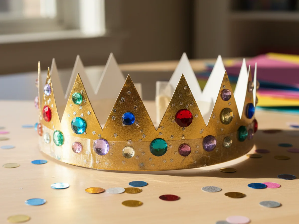 A handmade New Year's Eve paper crown made from gold cardstock with zigzag peaks decorated with sticker gems and glitter stars