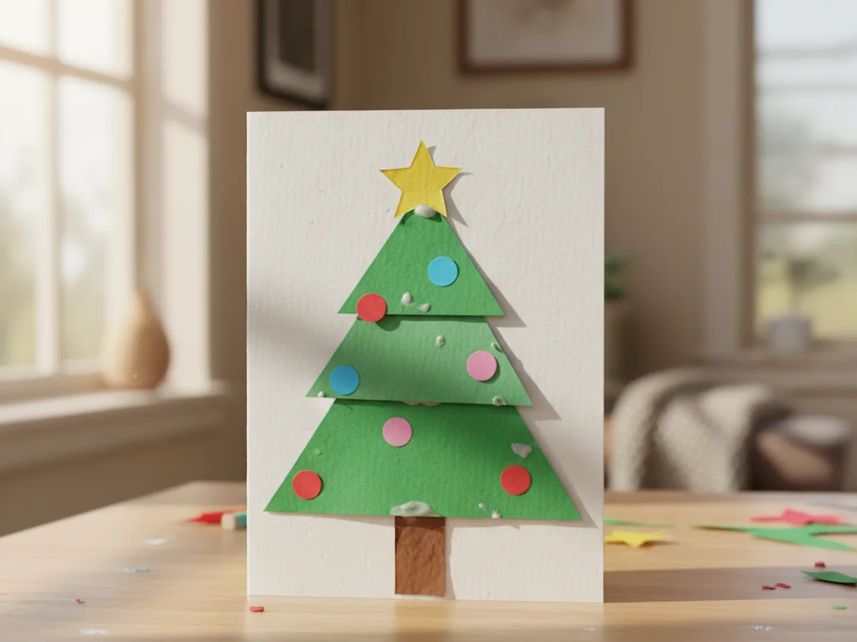 A handmade Christmas card with three layered green paper triangles forming a tree, topped with a yellow paper star and decorated with tiny paper ornaments