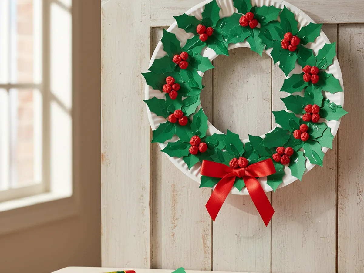 A handmade Christmas paper wreath with green paper holly leaves and red paper berries glued around a paper plate ring with a red ribbon bow at the bottom