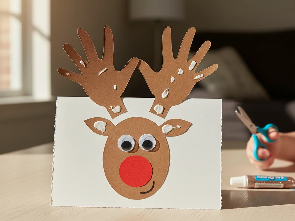 A handmade Christmas reindeer card with brown handprint antlers, a brown paper face, and a bright red round nose glued onto a folded white card