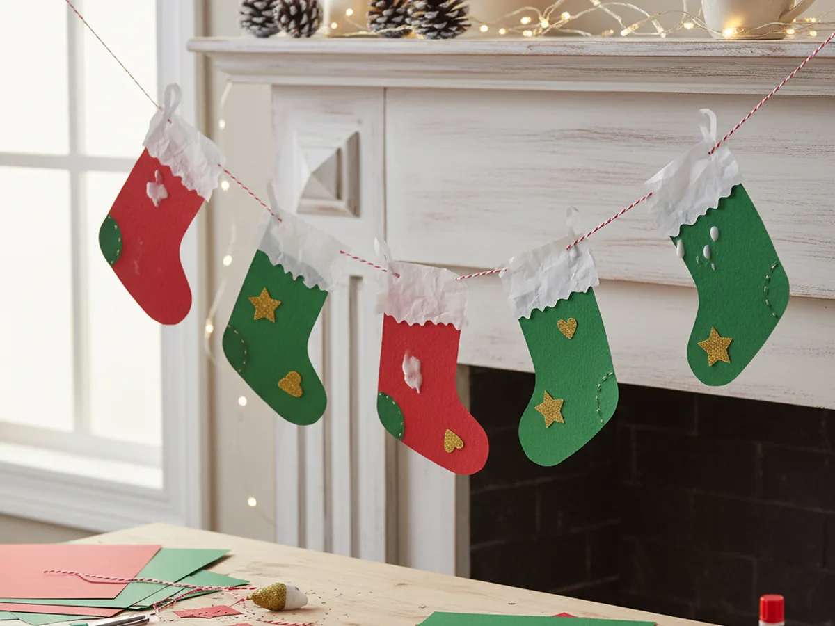 A handmade Christmas paper stocking garland with red and green paper stockings featuring white cuffs strung on twine across a wooden mantel