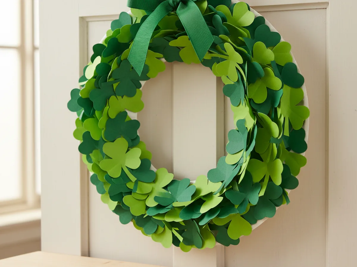A handmade St. Patrick's Day shamrock wreath made from layered green paper shamrocks glued around a paper plate ring with a green ribbon at the top