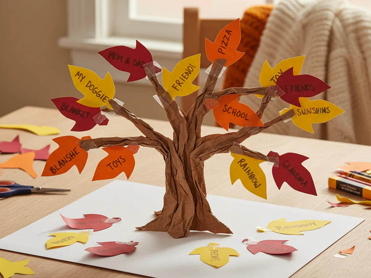 A handmade Thanksgiving gratitude tree with a brown paper tree trunk and red, orange, and yellow paper leaves taped on with handwritten gratitude messages