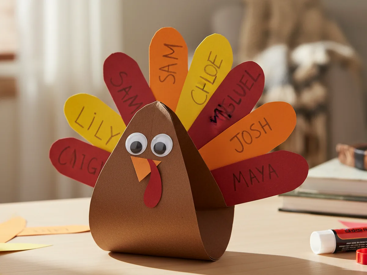 A handmade Thanksgiving paper turkey with brown body and colorful red, orange, and yellow paper feathers fanning out, with names written on each feather