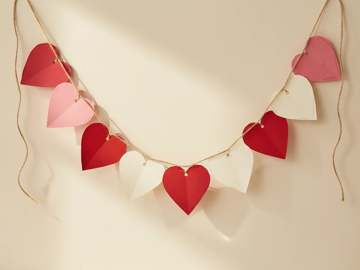 A handmade Valentine's Day heart garland made from pink, red, and white paper hearts strung on twine and draped against a light wall