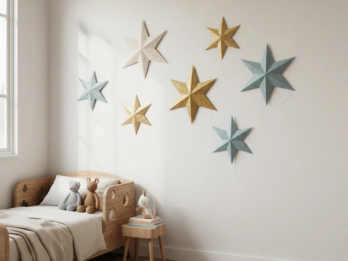 A handmade 3D paper star cluster with folded gold, cream, and soft blue paper stars arranged on a wall above a child's bed