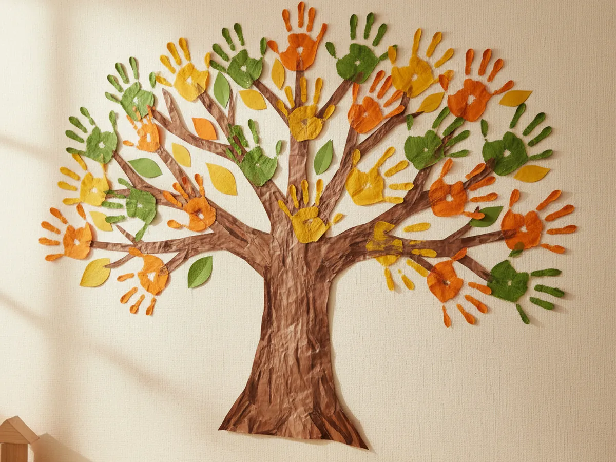 A handmade family handprint paper tree with green, yellow, and orange paper handprints glued as leaves onto a brown paper trunk mounted on a wall