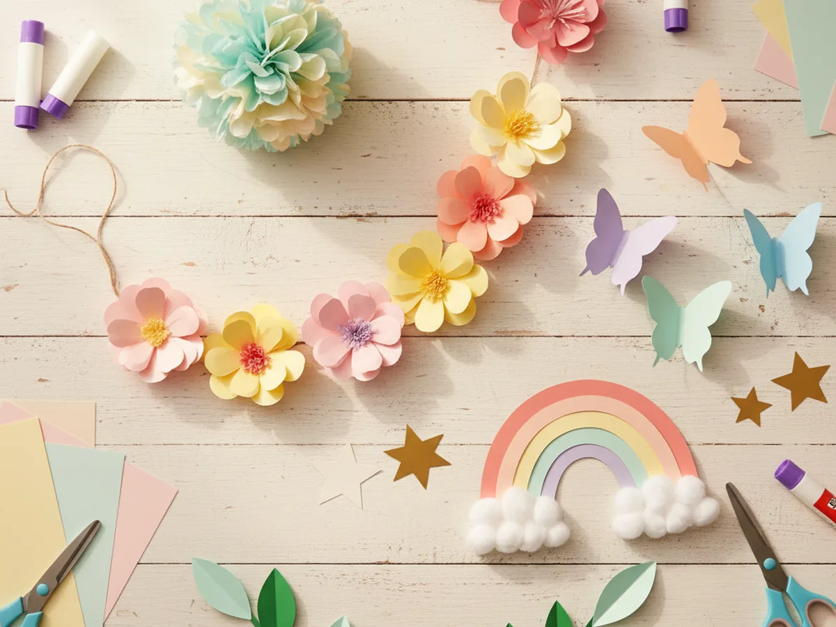 A bright flat lay of homemade paper craft wall decorations including a paper flower garland, paper butterflies, a paper rainbow hanging, paper stars, and a tissue paper pom-pom garland on a craft table
