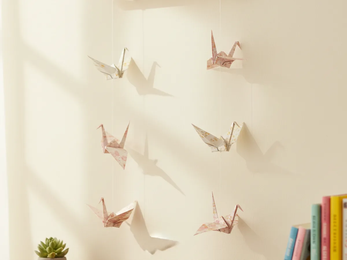 A handmade origami crane wall hanging with small pink, white, and gold paper cranes strung vertically on threads along a light wall