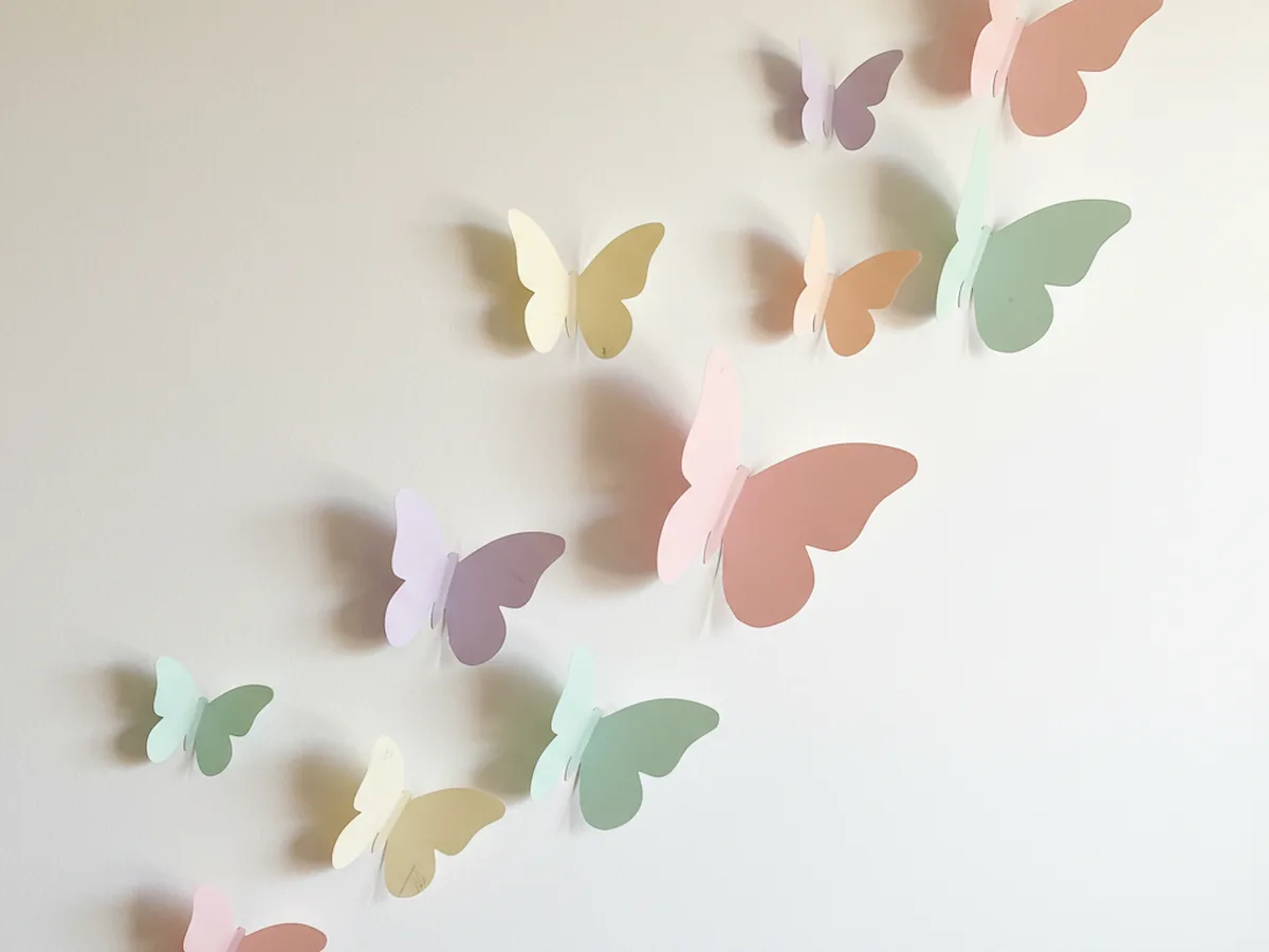 A handmade paper butterfly wall display with colorful folded paper butterflies of different sizes arranged in a flowing diagonal pattern across a white wall