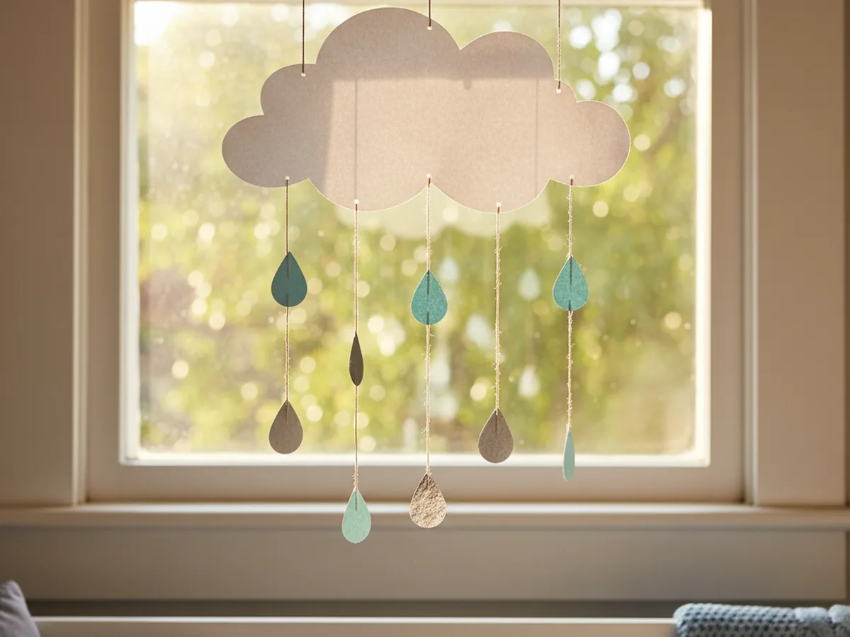 A handmade paper cloud and raindrop mobile with a white cloud shape and pale blue and silver paper raindrops dangling on strings near a nursery window