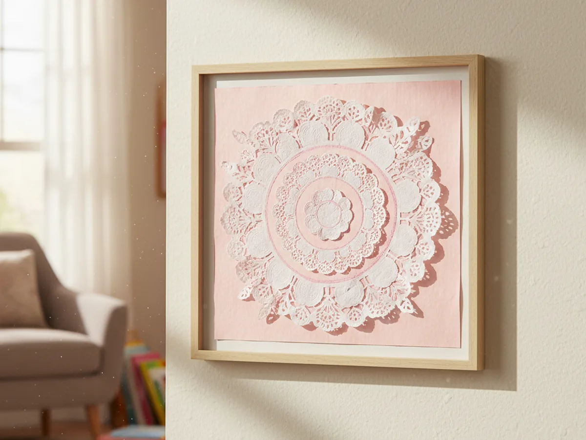 A handmade paper doily mandala with layered white paper doilies in different sizes glued onto pastel pink cardstock and hung on a wall