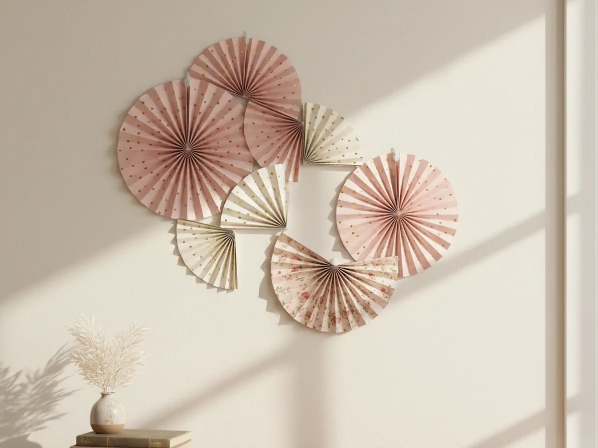 A handmade paper fan wall display with five accordion-folded paper fans in coordinating pink and gold patterns arranged in a cluster on a light wall