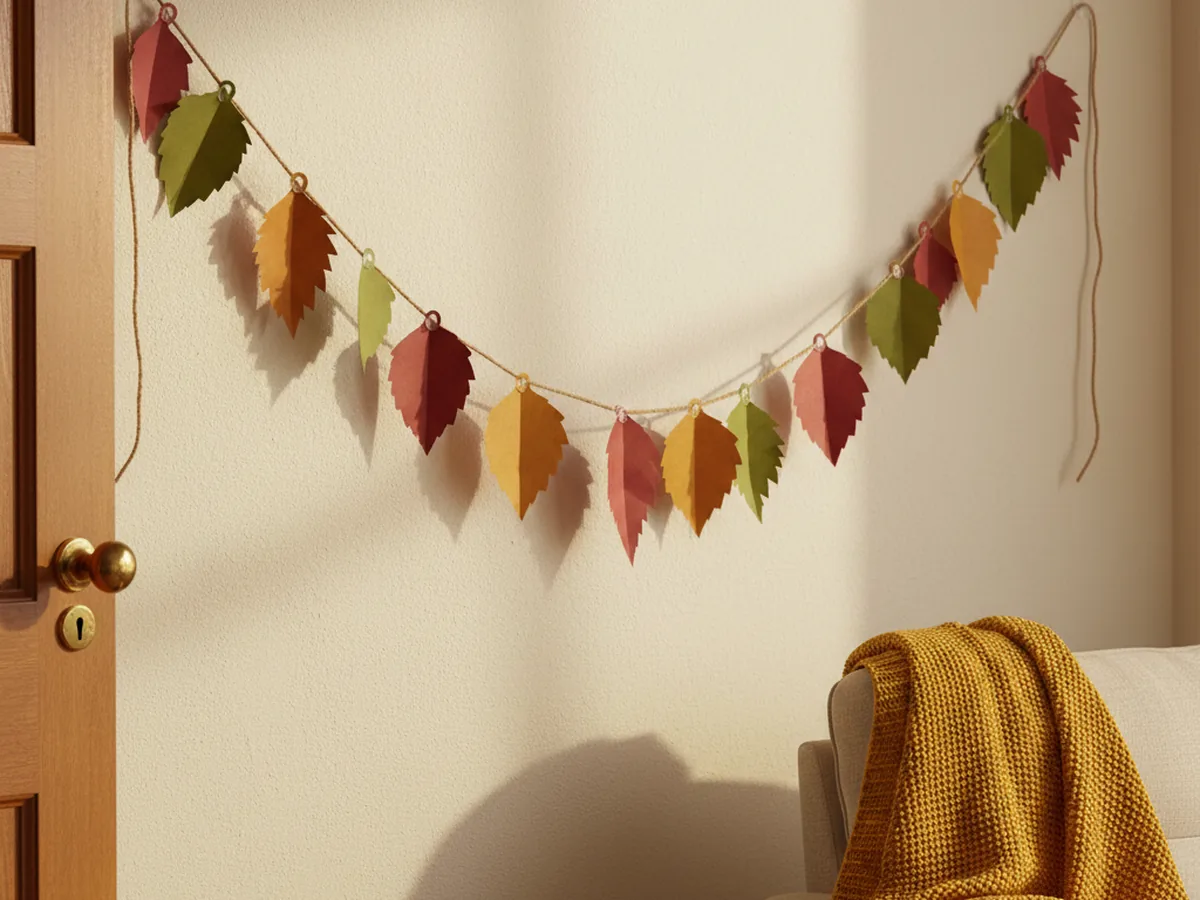 A handmade paper leaf garland with green, ochre, and warm red leaves attached to twine draped along a wall and around a doorway