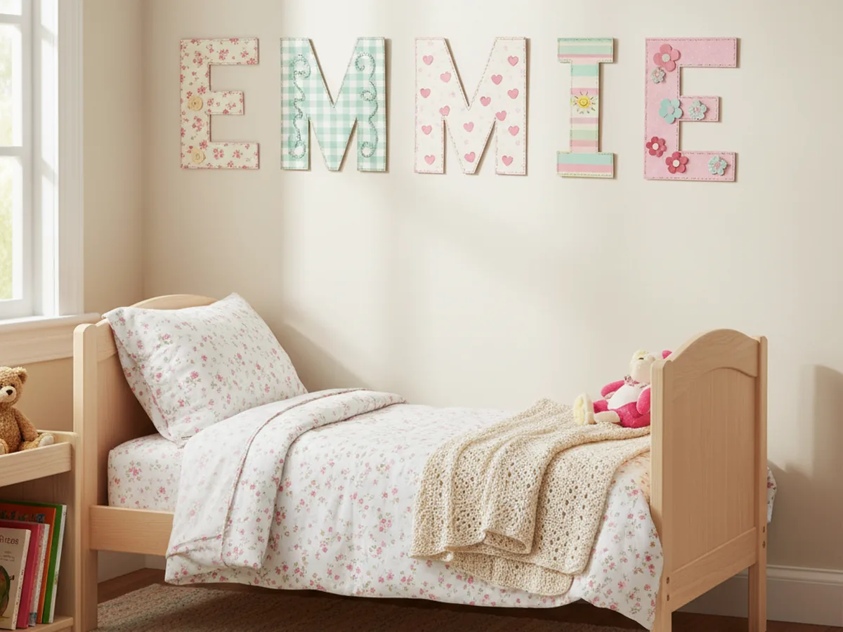 A handmade paper name wall art with large letters cut from patterned scrapbook paper mounted in a horizontal line above a child's bed