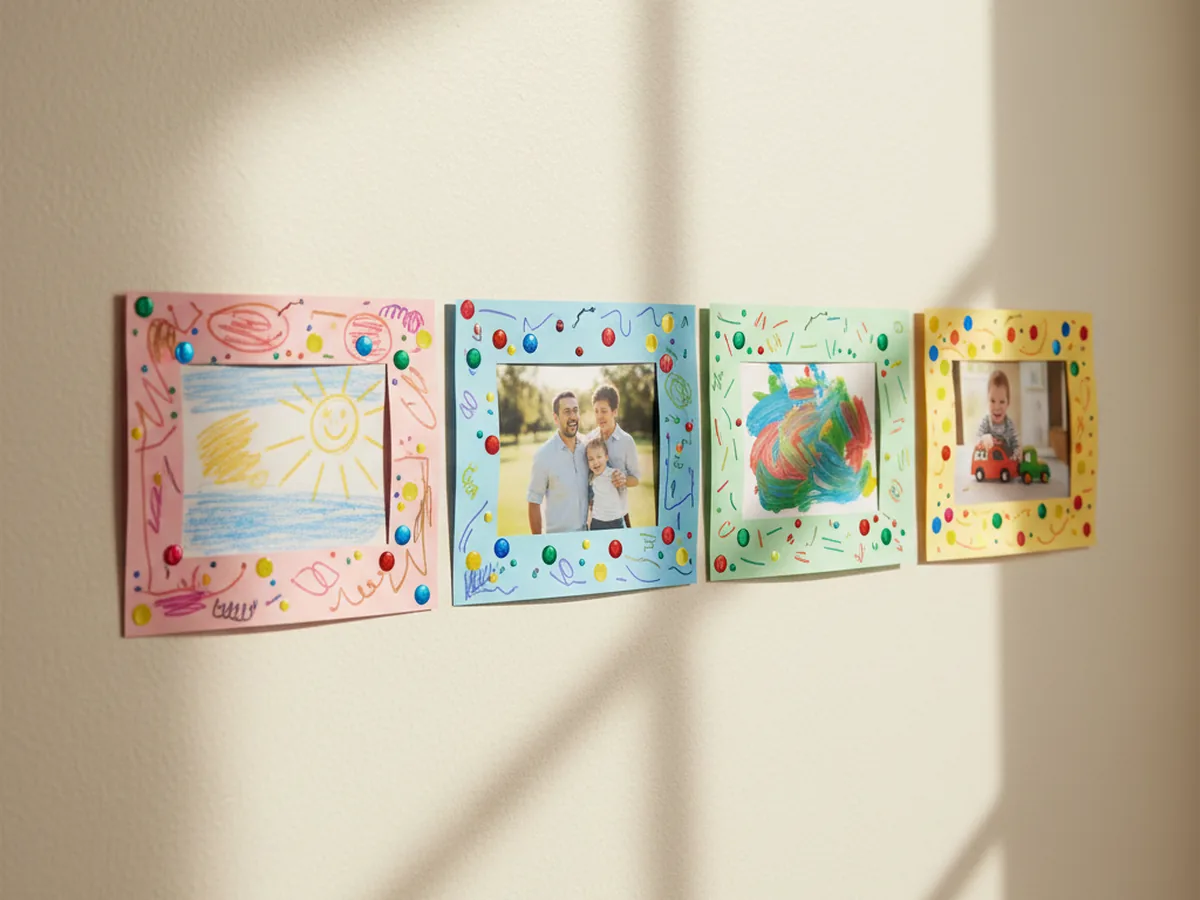 A handmade paper picture frame display with colorful paper frames decorated with marker doodles holding family photos arranged in a row on a hallway wall
