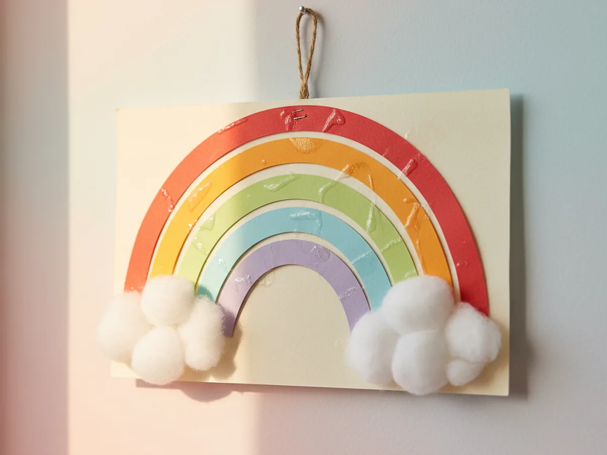 A handmade paper rainbow wall hanging made from arched paper strips in rainbow colors with cotton ball clouds at each end hanging on a wall