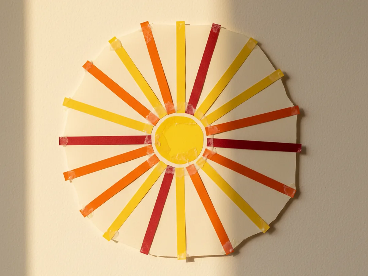 A handmade paper sunburst wall decoration with a yellow circle center and rays in yellow, orange, and red paper radiating outward on a light wall