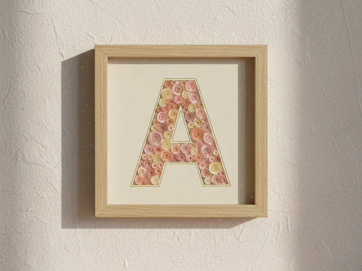 A handmade quilled paper initial wall art with rolled coils of pink, peach, and gold paper filling in a large letter inside a wooden frame on a wall
