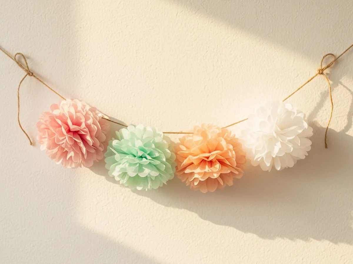 A handmade tissue paper pom-pom garland with four fluffy pom-poms in pink, mint, peach, and white tissue paper hanging on twine along a wall