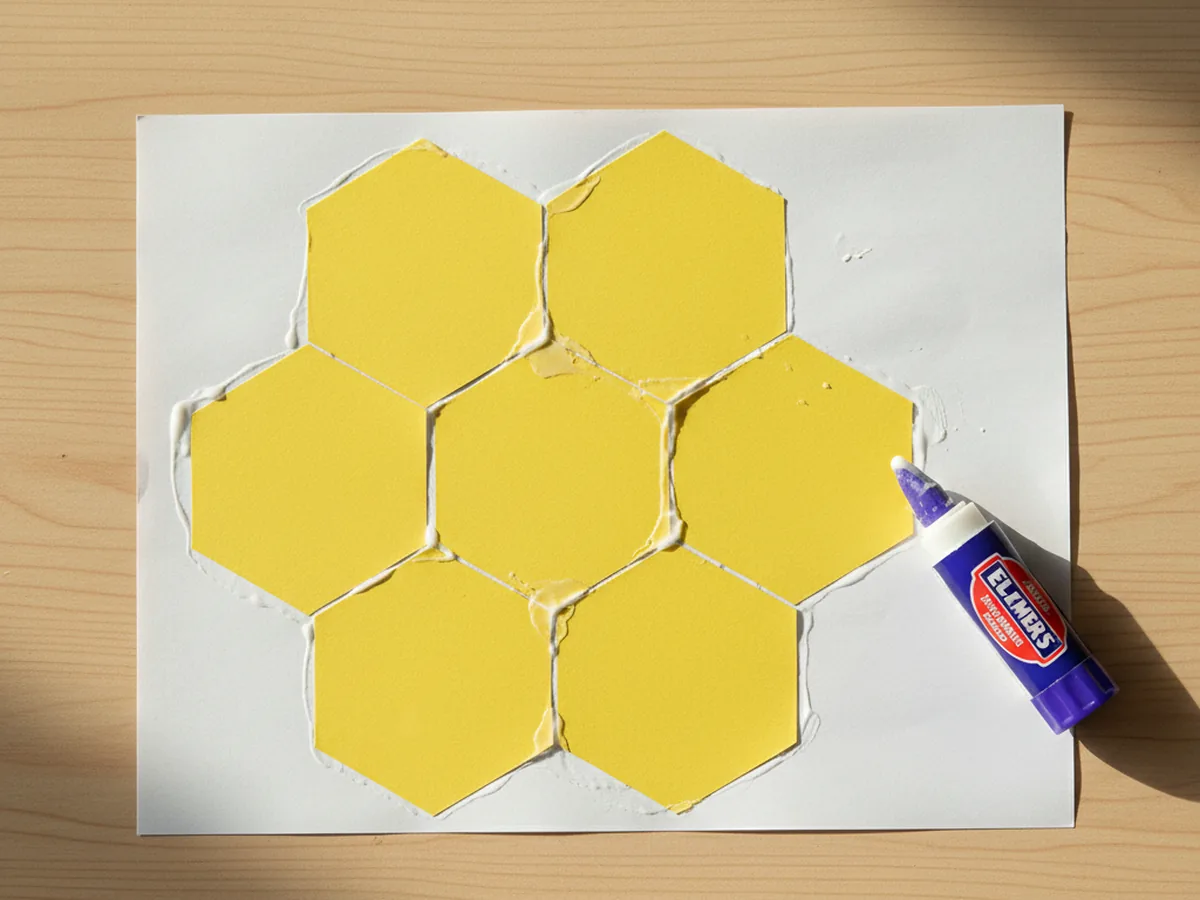 Yellow paper hexagons arranged and glued in a honeycomb cluster pattern on a white paper background with sides touching to form the bee hive shape
