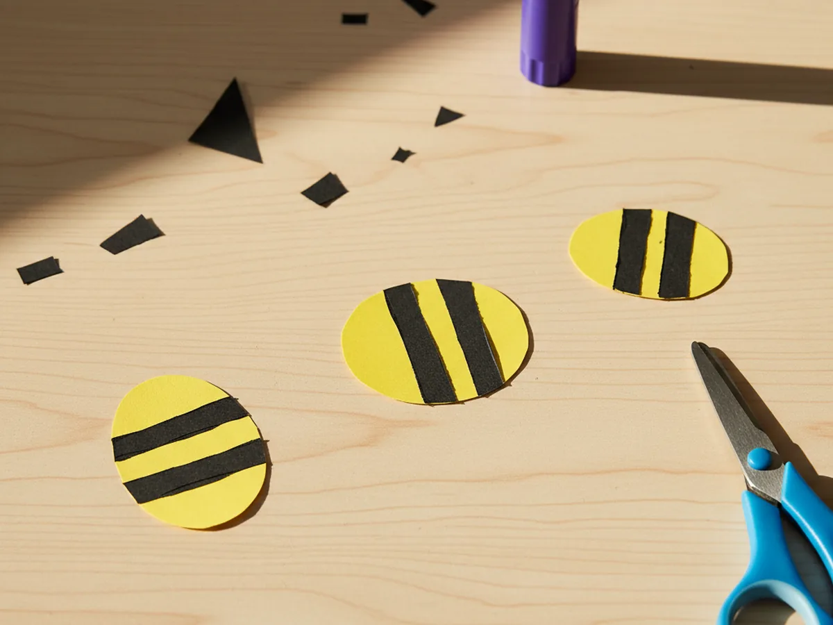 Three small yellow paper oval bee bodies with two thin black paper stripes glued across the middle of each one, lying on a craft table next to scissors and black paper scraps