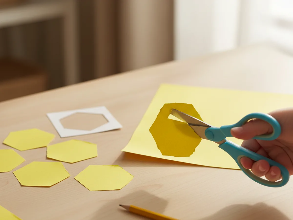 A child's hand using scissors to cut yellow paper hexagons for a honeycomb craft paper project on a wood craft table with a paper template and a pencil nearby