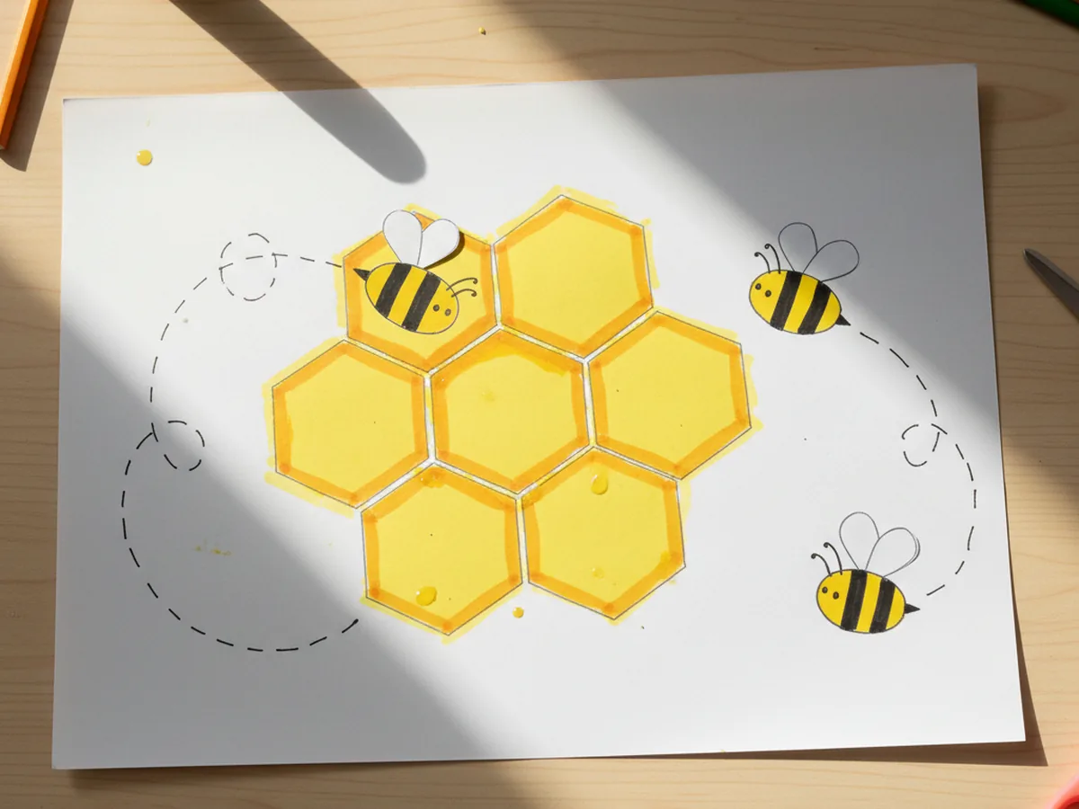 Finished honeycomb craft paper artwork with three handmade paper bees glued around a yellow paper hexagon honeycomb cluster and small black marker dotted flight trails on a craft table