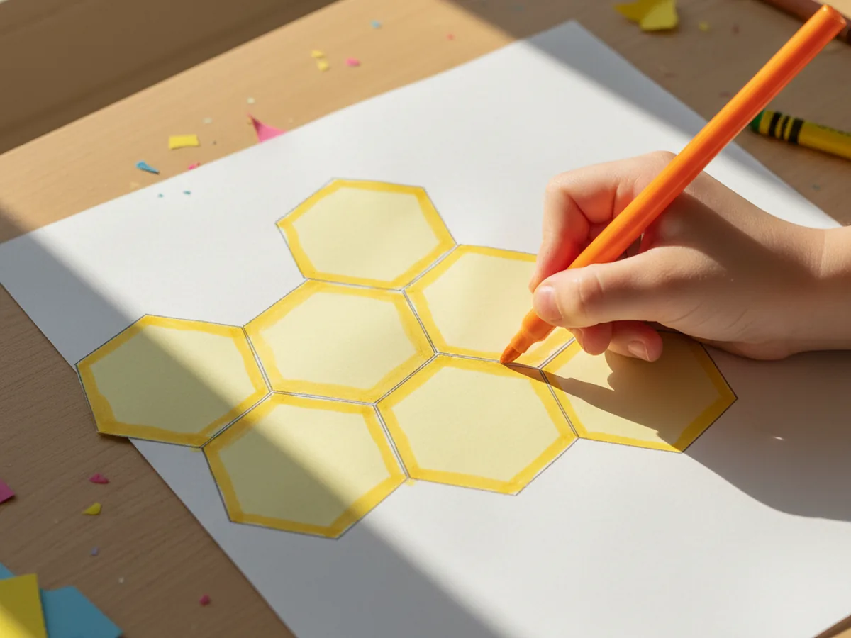 A child using an orange marker to softly shade the inside edges of yellow paper hexagons to make them look like cells full of golden honey on a honeycomb craft paper project