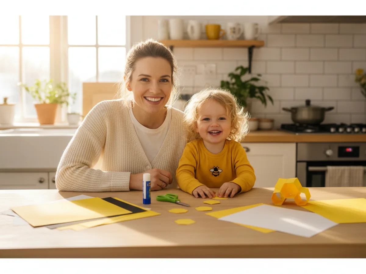A mom and a young child sitting together at a craft table, smiling and starting a honeycomb craft paper project with yellow construction paper, scissors, and a glue stick
