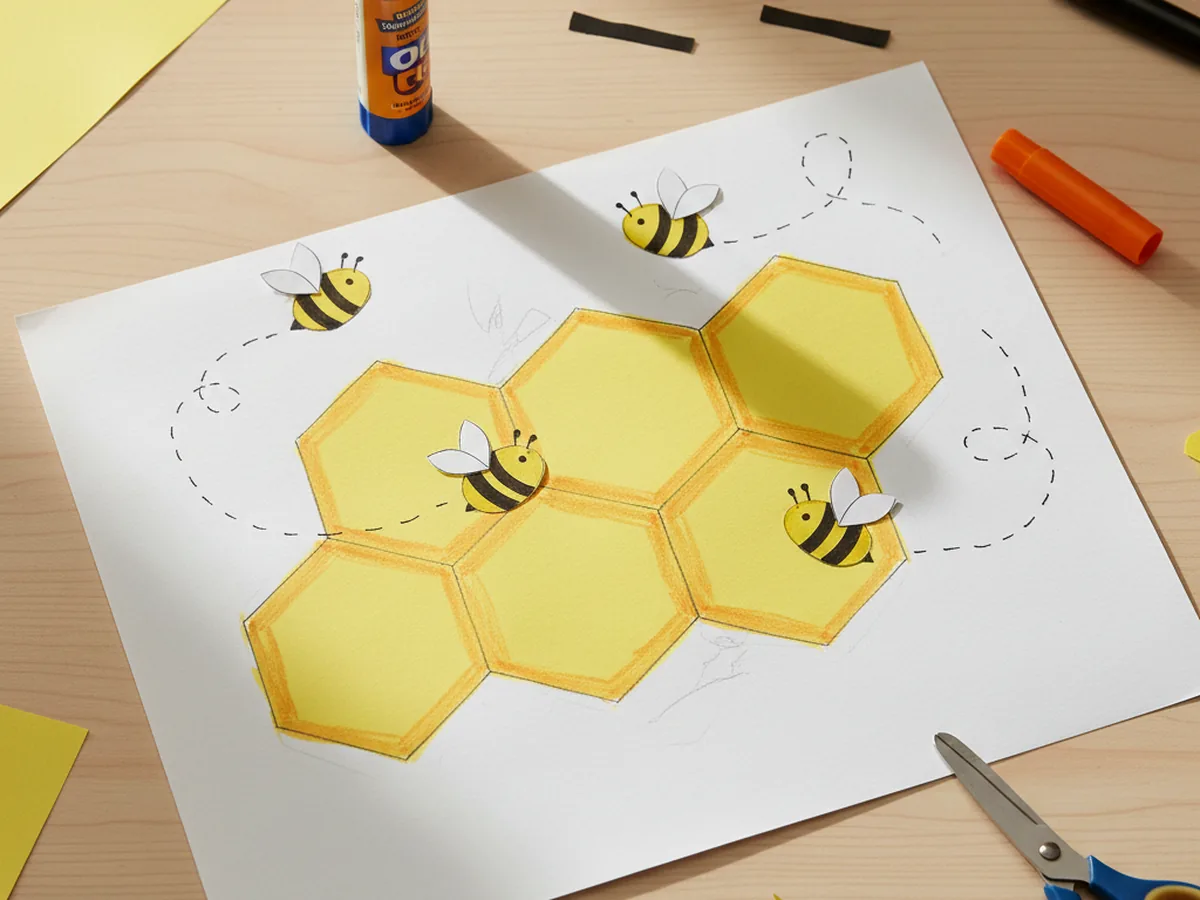 Finished honeycomb craft paper project with yellow paper hexagons glued in a honeycomb pattern and three small handmade paper bees with black stripes and white wings on a craft table