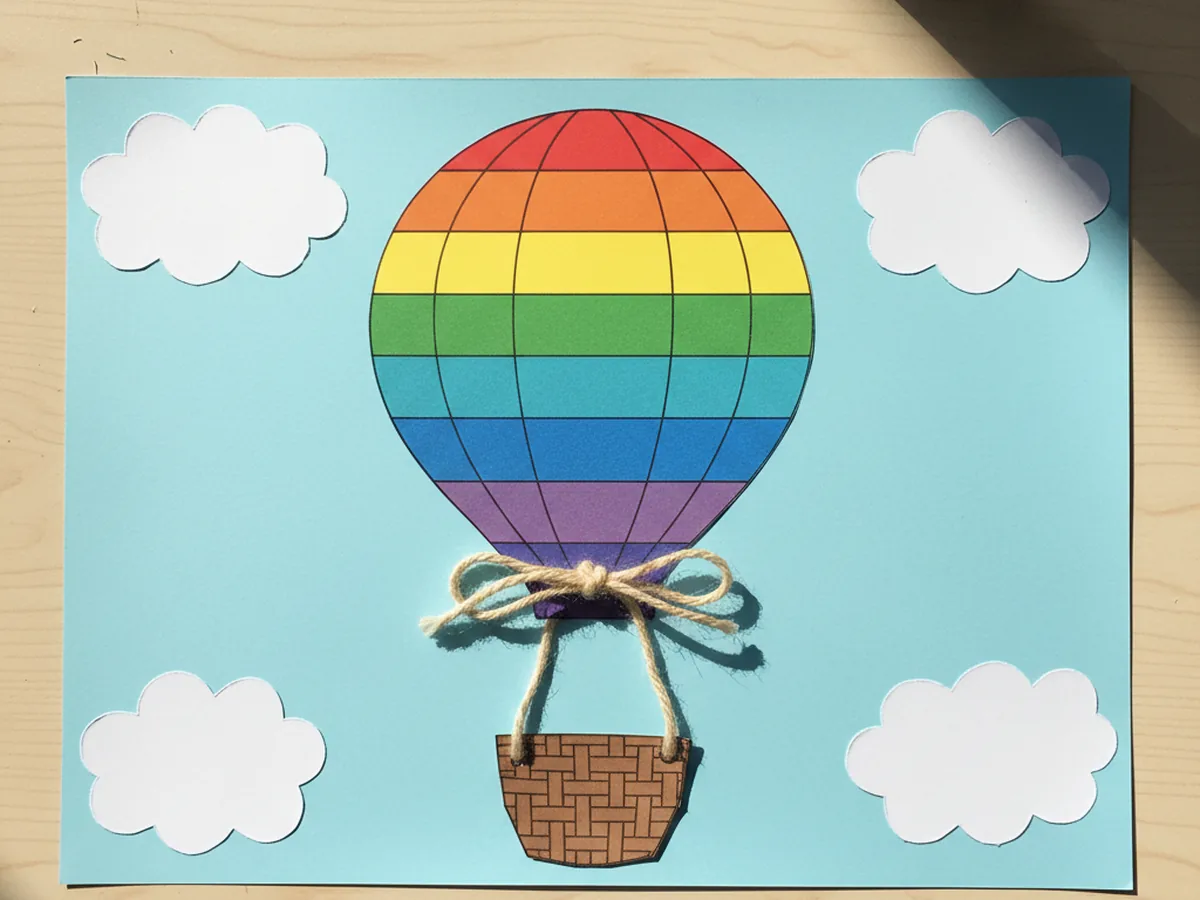 Three white paper cloud shapes glued around a rainbow hot air balloon paper craft with a brown basket and yarn ropes on a light blue sky background
