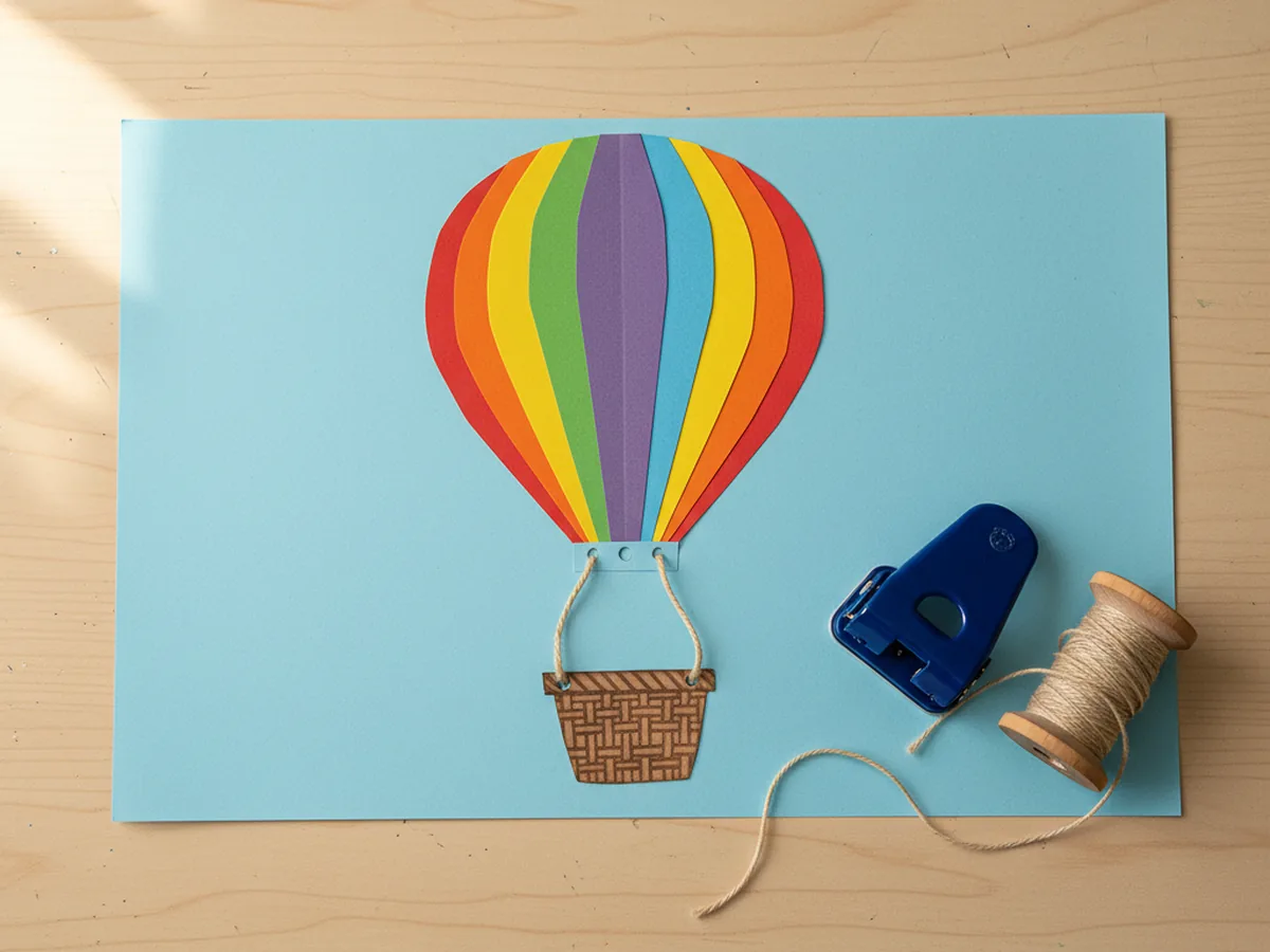 Two short pieces of beige yarn threaded through punched holes connecting the rainbow paper balloon to the brown basket below on a light blue sky background