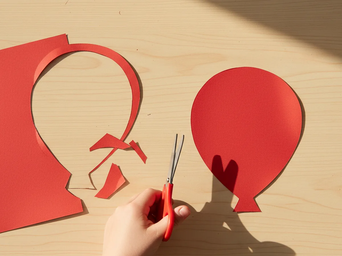 A child's hand using red kids safety scissors to finish cutting out a large rounded balloon shape from cardstock for a hot air balloon paper craft on a wood craft table