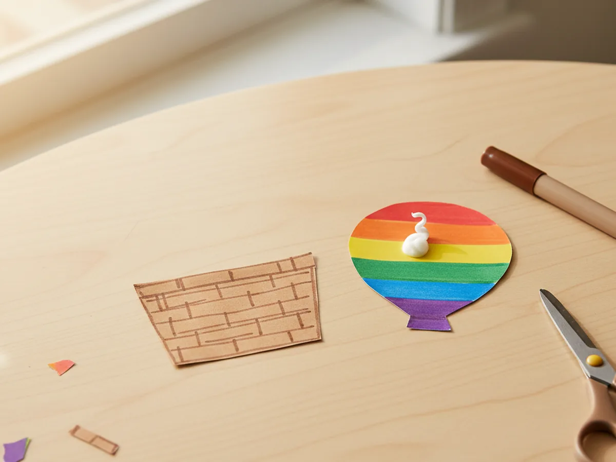 A small brown construction paper rectangle with pencil lines drawn across it to look like a woven basket for the hot air balloon paper craft, sitting on a craft table