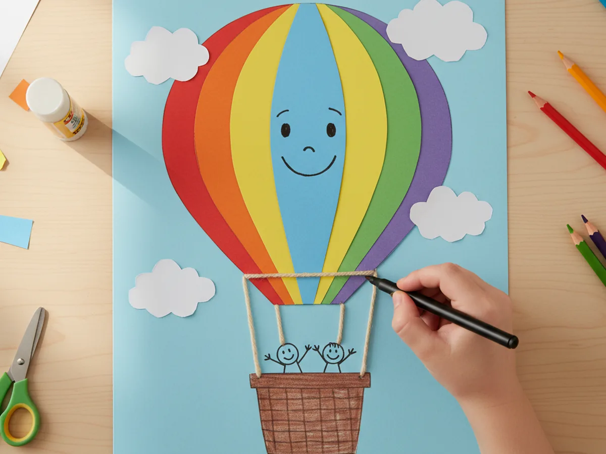 A child's hand drawing a smiling face on the balloon and tiny passengers in the basket of a finished hot air balloon paper craft with rainbow stripes and clouds