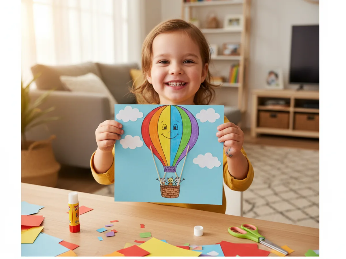 A cheerful young child holding up a finished handmade hot air balloon paper craft with rainbow stripes, a brown basket, yarn ropes, and white paper clouds
