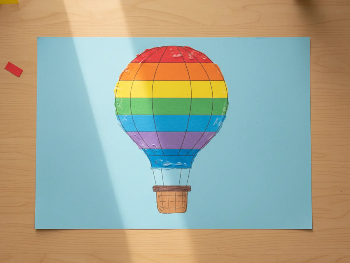 A rainbow-striped paper balloon and a small brown paper basket glued onto a light blue sky cardstock background with a gap between them for the hot air balloon paper craft
