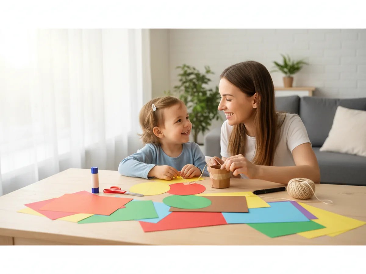 A mom and young child sitting together at a craft table, smiling while starting a hot air balloon paper craft with colorful construction paper, scissors, glue, and yarn