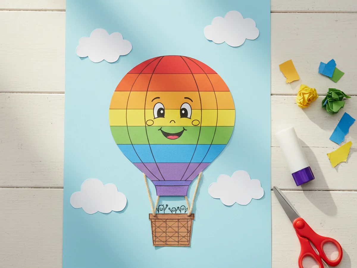 Finished hot air balloon paper craft with rainbow stripes, a small brown paper basket, real yarn ropes, and white paper clouds glued onto a light blue sky background